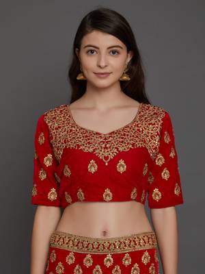 Red embroidered
 velvet semi stitched lehenga with dupatta 4