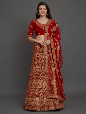 Red embroidered
 velvet semi stitched lehenga with dupatta 1