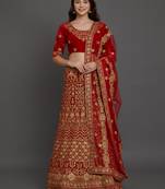 Red embroidered
 velvet semi stitched lehenga with dupatta