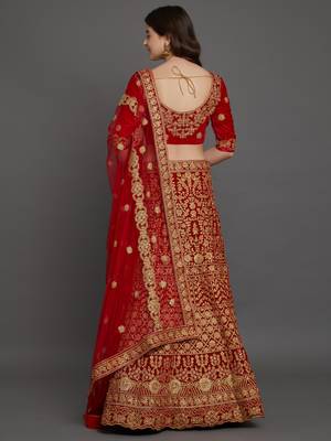 Red embroidered
 velvet semi stitched lehenga with dupatta 2