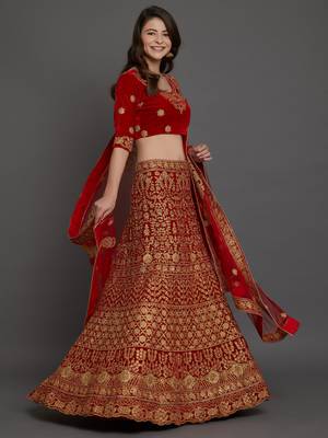 Red embroidered
 velvet semi stitched lehenga with dupatta 3
