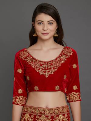 Red embroidered
 velvet semi stitched lehenga with dupatta 4