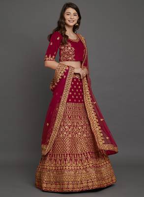 Maroon embroidered
 velvet semi stitched lehenga with dupatta 1