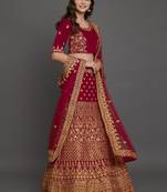 Maroon embroidered
 velvet semi stitched lehenga with dupatta