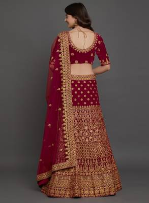 Maroon embroidered
 velvet semi stitched lehenga with dupatta 2