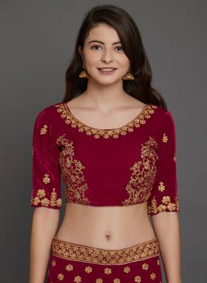 Maroon embroidered
 velvet semi stitched lehenga with dupatta 3