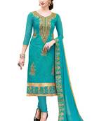 Jheenu Women's Turquoise Chanderi Embroidered with Embelished Unstitched Dress Material 