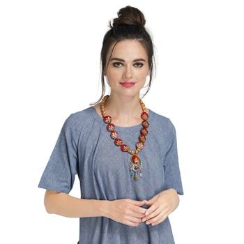 Caressa By Zenitex Maroon Pearl Necklace With Brown Wooden Beads & Pendant 1