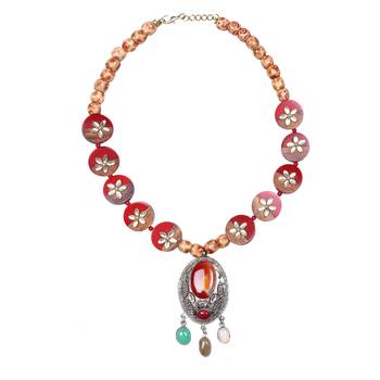 Caressa By Zenitex Maroon Pearl Necklace With Brown Wooden Beads & Pendant 2