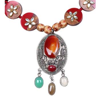 Caressa By Zenitex Maroon Pearl Necklace With Brown Wooden Beads & Pendant 3