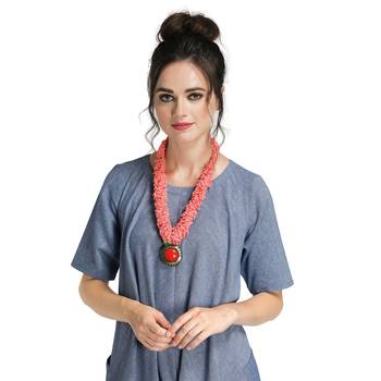 Caressa By Zenitex Peach Cotton Lycra Necklace With Peach Pom-Pom & Pendant 1