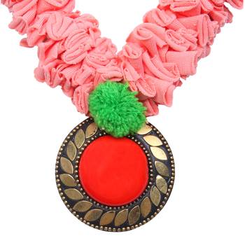 Caressa By Zenitex Peach Cotton Lycra Necklace With Peach Pom-Pom & Pendant 3