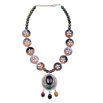Caressa By Zenitex Brown Pearl Necklace With Black Wooden Beads & Pendant 2