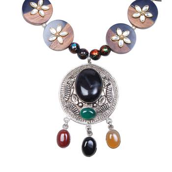 Caressa By Zenitex Brown Pearl Necklace With Black Wooden Beads & Pendant 3