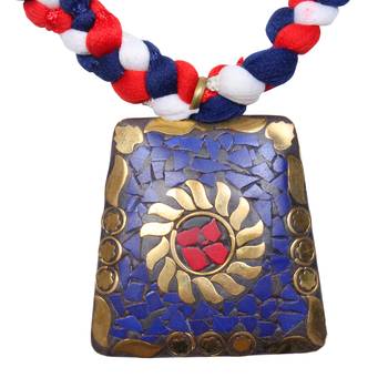 Caressa By Zenitex Multicolour Yarn Necklace With Blue Metal Pendant 3