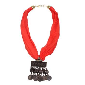 Caressa By Zenitex Orange Georgette Necklace With Metal Pendant 2
