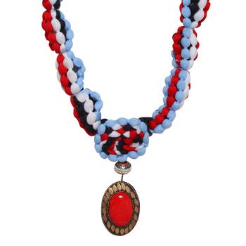 Caressa By Zenitex Multicolour Yarn Necklace With Copper & Red Pendant 2