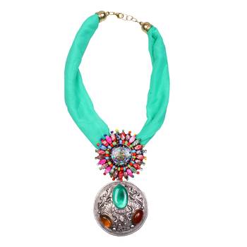 Caressa By Zenitex Light Green Georgette Necklace With Multicolour Pendant 2