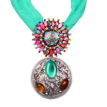 Caressa By Zenitex Light Green Georgette Necklace With Multicolour Pendant 3