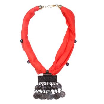 Caressa By Zenitex Red Georgette Necklace With Metal Pendant 2