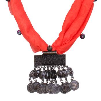 Caressa By Zenitex Red Georgette Necklace With Metal Pendant 3