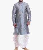 Silver Plain Raw Silk Dhoti Kurta