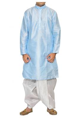 Blue Plain Raw Silk Dhoti Kurta 1