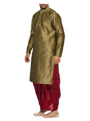 Beige Plain Raw Silk Dhoti Kurta 3