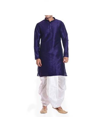 Blue Plain Raw Silk Dhoti Kurta 1