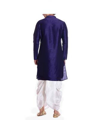Blue Plain Raw Silk Dhoti Kurta 3