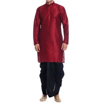 Red Plain Raw Silk Dhoti Kurta 1