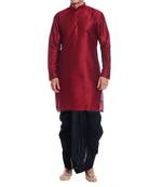 Red Plain Raw Silk Dhoti Kurta
