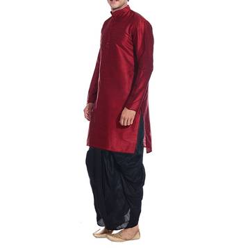 Red Plain Raw Silk Dhoti Kurta 2