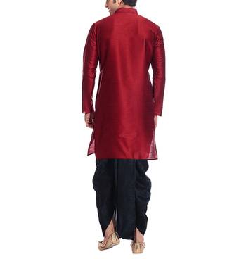 Red Plain Raw Silk Dhoti Kurta 3