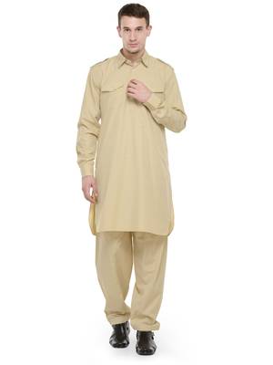 Beige plain cotton pathani suits 1