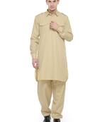Beige plain cotton pathani suits
