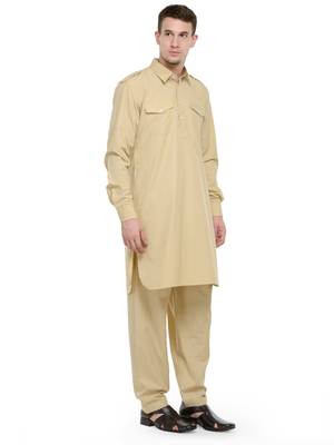 Beige plain cotton pathani suits 2