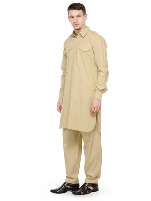 Beige plain cotton pathani suits 4