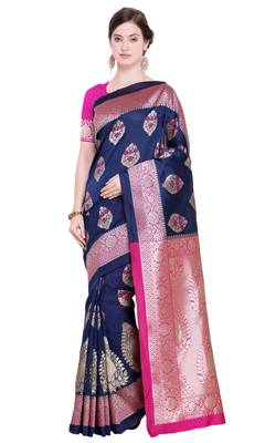 Navy Blue Woven Poly Silk Saree With Blouse 1