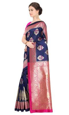 Navy Blue Woven Poly Silk Saree With Blouse 2
