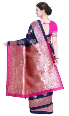 Navy Blue Woven Poly Silk Saree With Blouse 3