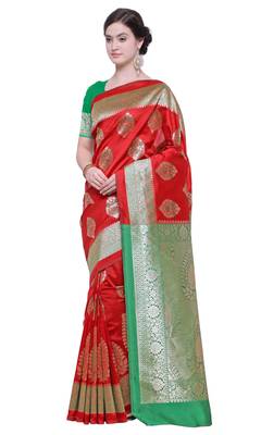 Red Woven Poly Silk Saree With Blouse 1