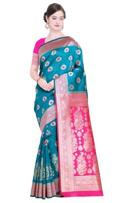 Turquoise Woven Poly Silk Saree With Blouse 1