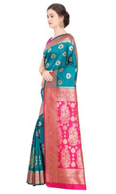 Turquoise Woven Poly Silk Saree With Blouse 2
