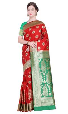Red Woven Poly Silk Blend Saree With Blouse 1