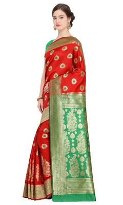 Red Woven Poly Silk Blend Saree With Blouse 2