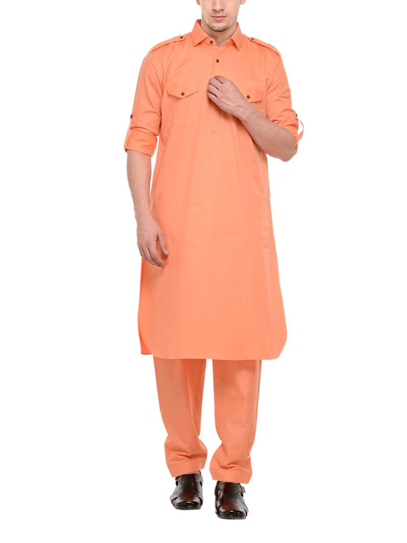 Orange plain cotton pathani suits