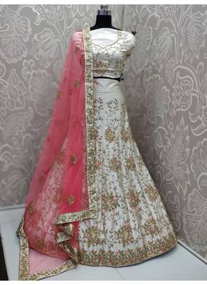 Bone White Paper silk Embroidary Semi Stitched Lehenga with Blouse 1