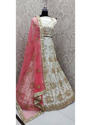 Bone White Paper silk Embroidary Semi Stitched Lehenga with Blouse 2