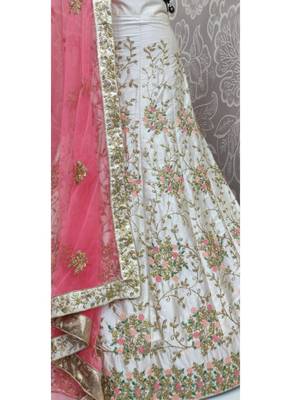 Bone White Paper silk Embroidary Semi Stitched Lehenga with Blouse 3